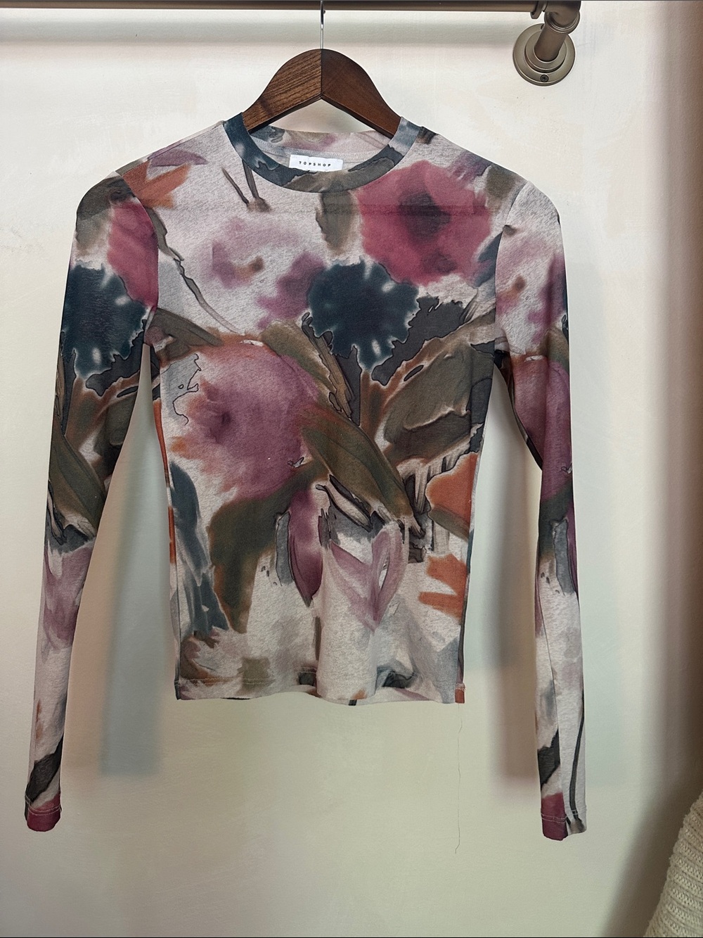 Topshop Mauve Olive Black Floral Watercolor Long Sleeve Tee